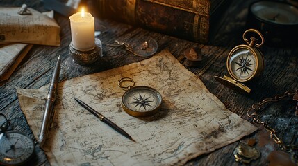 Antique map, compass, candle, and quill pen on a wooden table.