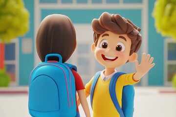 A happy boy with a blue backpack waving goodbye to his mom at the school entrance, 3D illustration, cartoon style, thick lines, high detailed 2