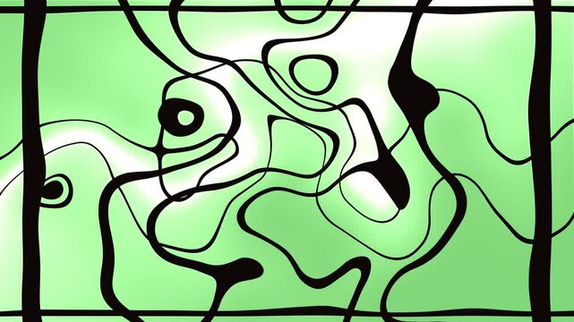 Abstract art featuring a green background with black lines and shapes. Ideal for modern designs, backgrounds, prints, and digital art projects.
