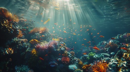 Obraz premium An underwater view of a snorkeling expedition, showcasing a vibrant coral reef teeming with colorful marine life