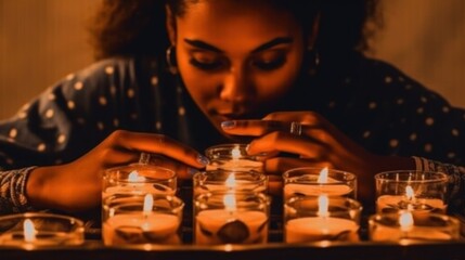A person gently interacting with lit candles, creating a serene and calming atmosphere.