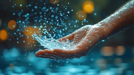 Fototapeta premium Water splashing on hand, bokeh background.