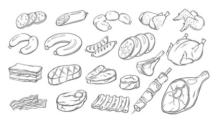 Meat line icons set. Hand drawn retro raw and cooked beef steak, BBQ sausage and pork kebab, chicken and ham, bacon slices. Butchers shop mascots, doodle meat icons collection vector illustration