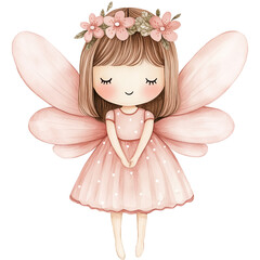 Little fairy with flowers and pink dress, cute princess illustration