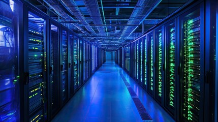 Fototapeta premium Luminous server racks in a data center corridor.