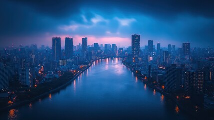 Fototapeta premium Twilight cityscape with river reflection.