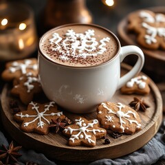 Winter Hot Cocoa with Decorative Cookies on Rustic Plate
