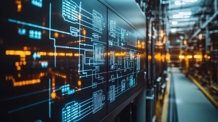 High-tech Data Center with Advanced Server Racks and Network Switches Illuminated by Digital Screen Graphics in a Modern Environment