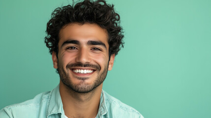 Fototapeta premium Smiling Middle Eastern man in casual attire poses against a vibrant green background during a sunny afternoon in a relaxed setting. Generative AI