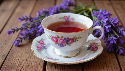 Fototapeta premium Elegant tea cup with floral design filled with tea and lavender flowers on wooden table