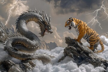A tiger and a dragon are fighting on a mountain