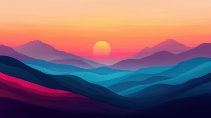 Obraz premium A vibrant sunset over layered mountains, showcasing rich hues of pink, orange, and blue, creating a serene and tranquil landscape.