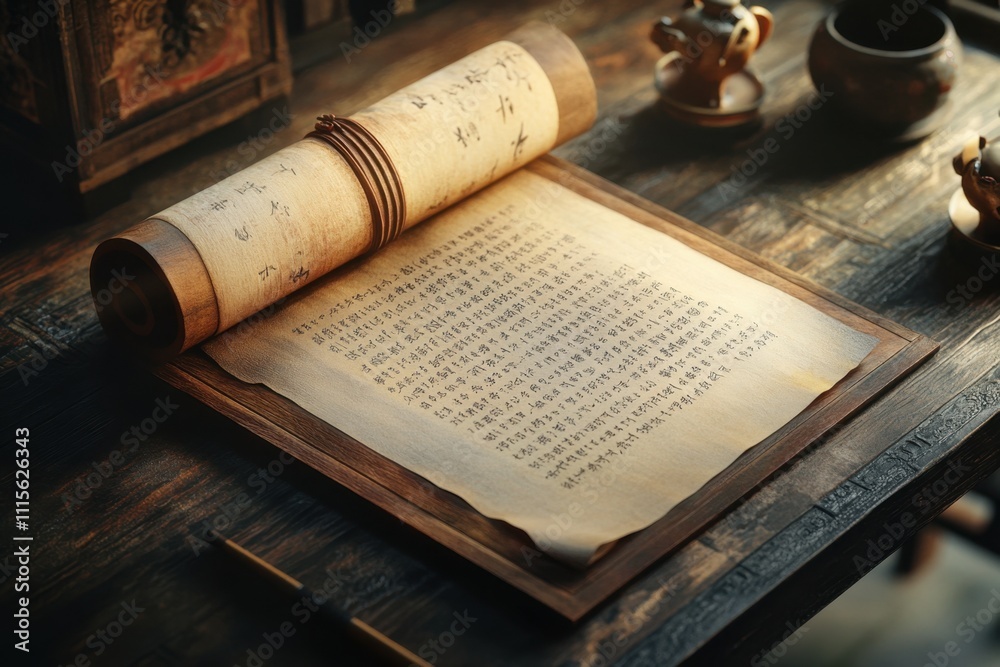 Fototapete a scroll of paper with chinese characters on it is laying on a wooden table
