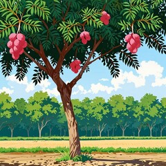 Fototapeta premium A variety of delicious and tasty fruits are growing on the trees in the orchard.