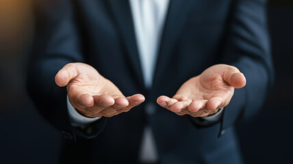 Fototapeta premium Open hands of businessperson in suit, symbolizing offering and communication, conveying sense of professionalism and engagement