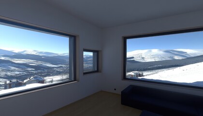 Fototapeta premium Mountain View Room With Large Windows Showing Snowy Peaks