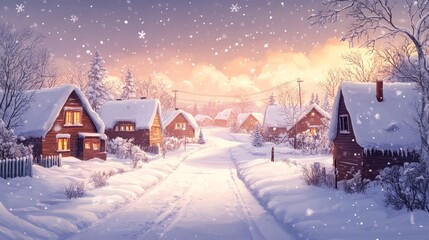 Fototapeta premium A Snowy Winter Village Perfect for Holiday-Themed Designs in Cartoon Style Landscape Illustration