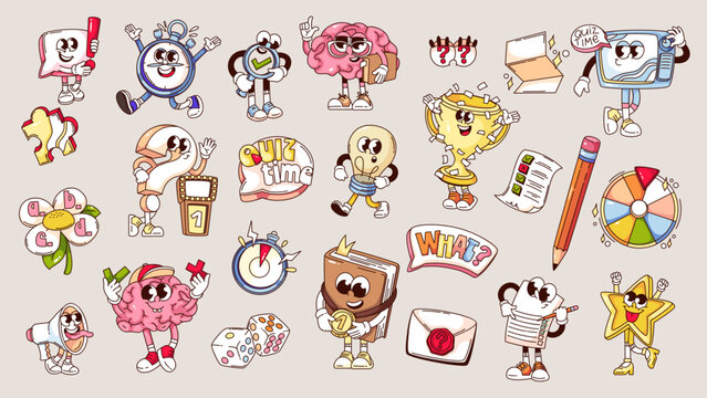 Naklejki Groovy quiz cartoon characters and stickers set. Funny retro speech bubbles with question and exclamation mark, brain. Smart game mascots, cartoon quiz collection of 70s 80s style vector illustration