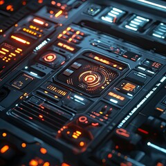Obraz premium Futuristic control panel, glowing orange and blue.