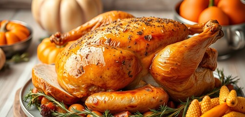 Roasted chicken, duck, and turkey with vegetables on a plate