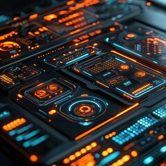 Obraz premium Futuristic interface; glowing orange and blue panels.