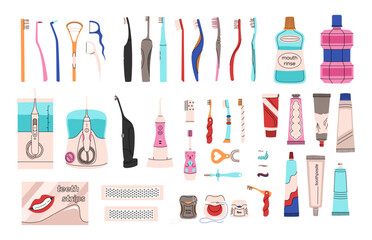 Big set of oral hygiene products. Different toothbrushes, tubes of toothpaste, irrigators, dental floss, whitening strips, mouth rinse, children's oral cleansers. Children's and adult teeth cleaning