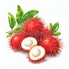 Rambutan fruit cluster with green leaves, showcasing vibrant red skin and white flesh