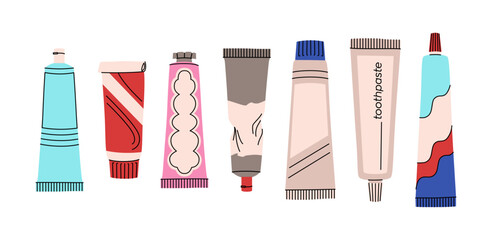 Toothpaste set. Set of oral hygiene products. Different tubes of toothpaste. Teeth cleaning products. Colorful vector collection in a flat style isolated on a white background