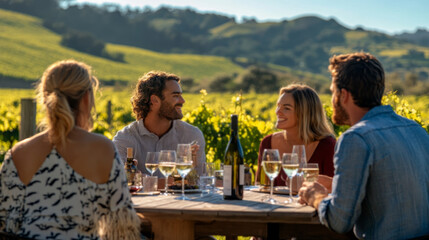 Obraz premium Friends enjoying wine tasting at a vineyard during sunset
