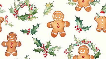 Fototapeta premium A festive pattern featuring gingerbread cookies and holly leaves, perfect for holiday themes and decorations.