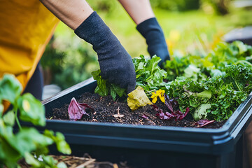 Fototapeta premium Compost waste and organic scraps in a recycle bin.