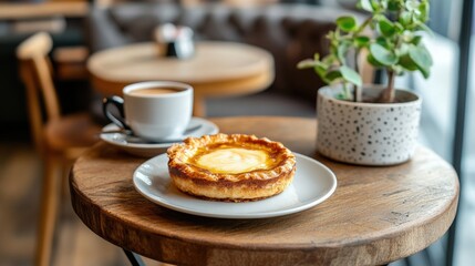 Fototapeta premium Cozy Cafe Moment: Creamy Tart and Coffee