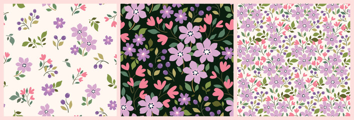 Seamless floral pattern, liberty ditsy print of pretty purple flowers. Cute botanical design: hand drawn wild plants, small flowers, tiny leaves in abstract composition. Vector illustration. © Yulya i Kot