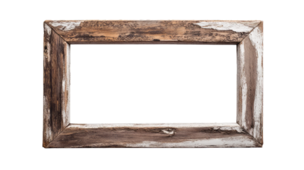 Rustic rectangular wooden frame with traces of white paint on a transparent background