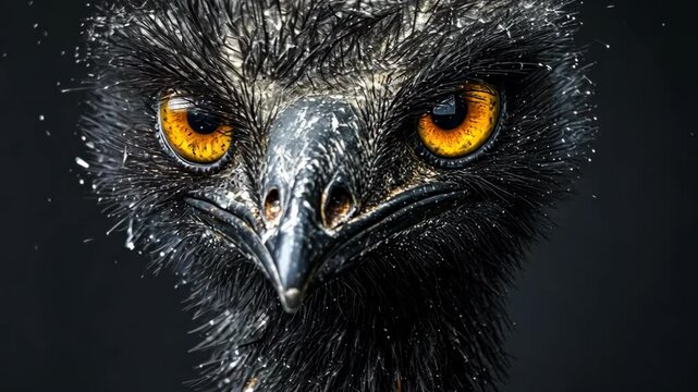 Black bird with striking orange eyes gazes intensely against a dark backdrop