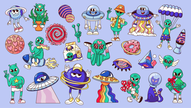 Naklejki Groovy cartoon alien characters and trippy space stickers set. Funny retro UFO and planet, green monster and cosmic cat. Alien universe mascot, cartoon collection of 70s 80s style vector illustration