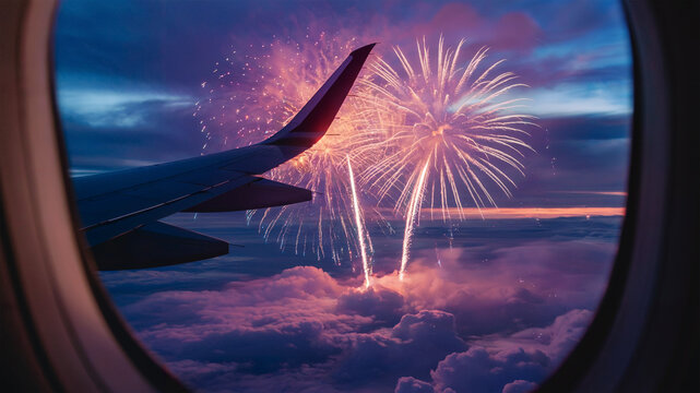A vibrant display of fireworks in the evening sky view from an airplane window