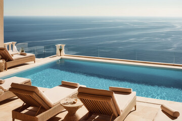 Fototapeta premium Terrace in villa with sunbeds and swimming pool . AI Generated