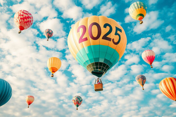 Obraz premium A serene sky filled with colorful hot air balloons floating among fluffy clouds. The numbers 2025 are painted on the largest balloon