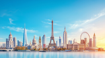 Iconic world landmarks skyline featuring Eiffel Tower, Big Ben, and modern skyscrapers under a bright blue sky for travel and tourism themes