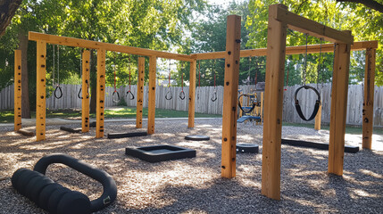 Bodyweight training area for calisthenics with bars and rings for muscle control.