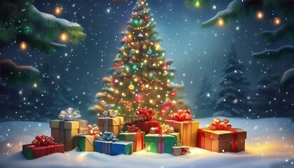 many gifts and boxes on the snow. side of the Christmas tree with garlands. snow is falling