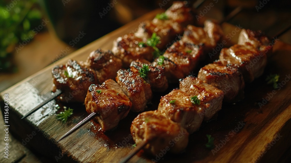 Poster Meat Skewers on Wooden Cutting Board