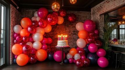Fototapeta premium Joyful birthday scene featuring a bright array of colorful balloons and a cake topped with lit candles perfect for party themes and celebratory designs