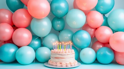Cheerful birthday scene with bright colorful balloons and a beautifully decorated cake glowing with candles ideal for capturing the essence of celebration