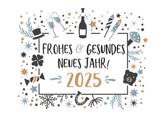 Neujahrskarte - rohes und gesundes neues Jahr 2025 - deutescher Text silber gold schwarz