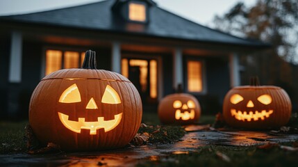 Fototapeta premium Sinister Halloween night featuring glowing pumpkins and a haunted house in a dark eerie forest creating a spooky and thrilling visual perfect for event banners