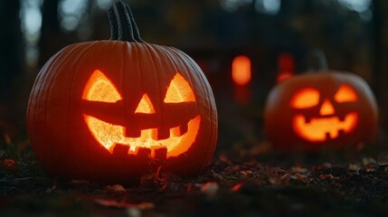 Fototapeta premium Haunted Halloween scene with evil pumpkins glowing brightly and a spooky haunted house in a dark forest setting ideal for spooky holiday event designs and banners