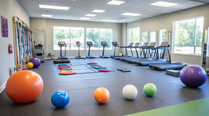 Core training area with stability balls, BOSU trainers, and resistance bands.