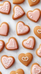 Obraz premium Heart-shaped cookies with pink icing create a sweet and romantic display, AI
